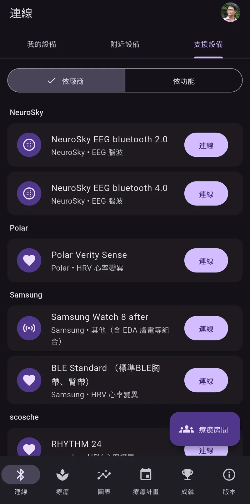 App 的連線畫面:依品牌列出支援的腦波頭帶、臂帶、手錶與心率帶