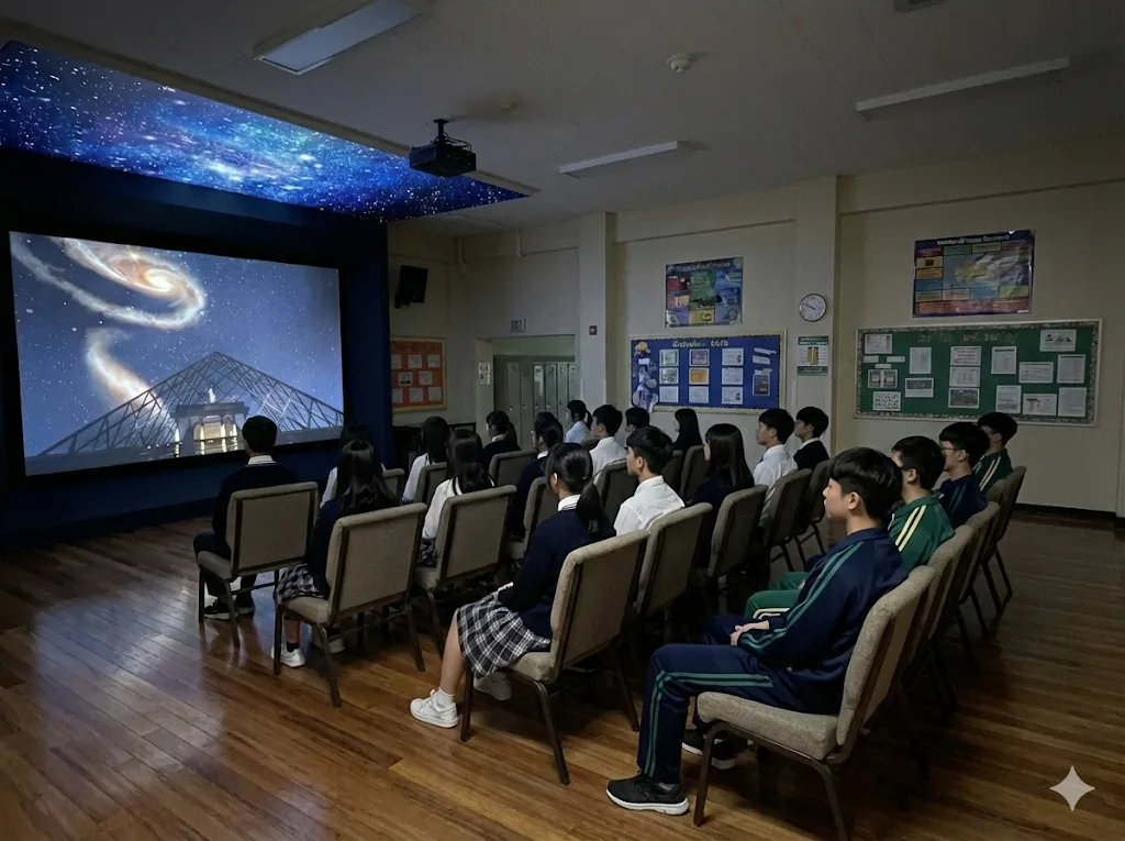 團體放鬆場次的情境示意:學生坐在禮堂,看著大螢幕上的 3D 場景